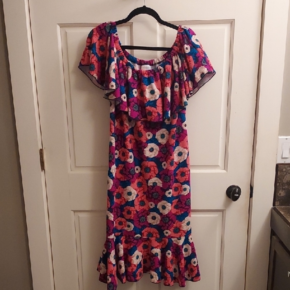LULAROE CiCi Red and Pink Scoop Neck Flutter Sleeve Midi Sundress
